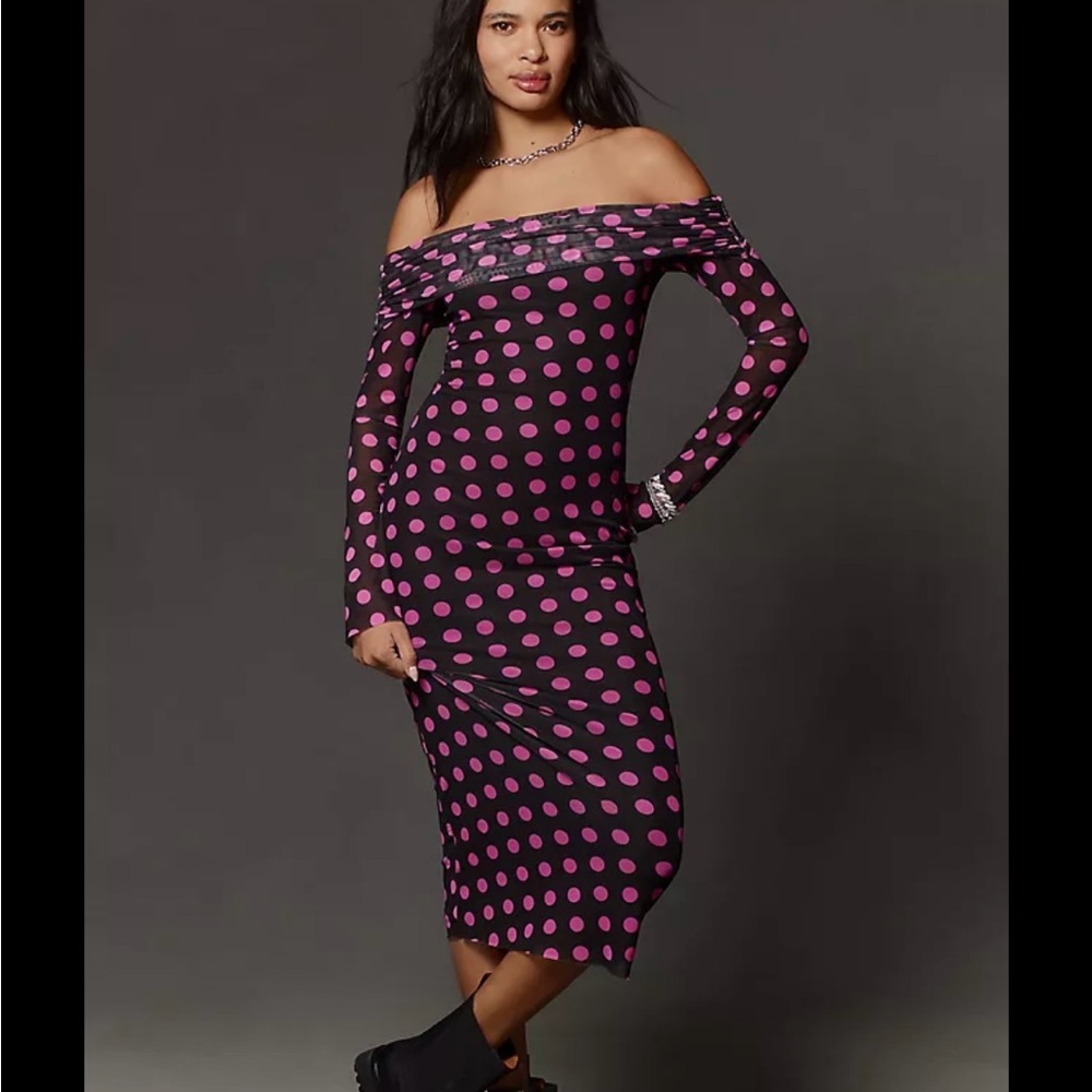 Off-Shoulder Black and Pink Polka Dot Dress